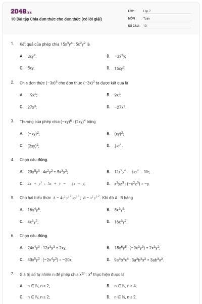 10 Bài tập Chia đơn thức cho đơn thức (có lời giải)