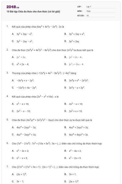 10 Bài tập Chia đa thức cho đơn thức (có lời giải)