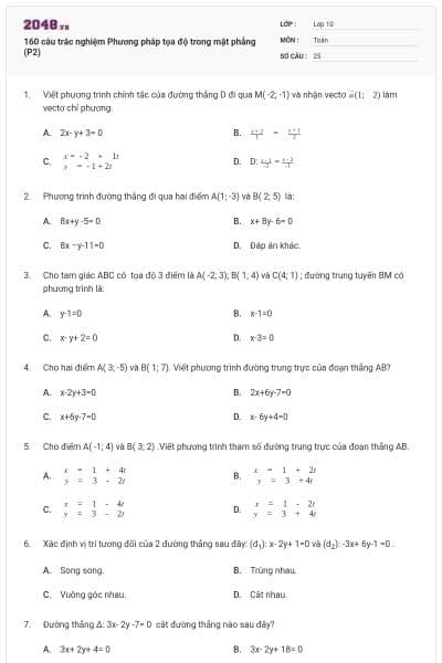 160 câu trắc nghiệm Phương pháp tọa độ trong mặt phẳng (P2)