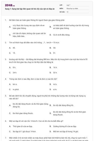 Dạng 1: Dạng bài tập liên quan tới tốc độ của vật có đáp án