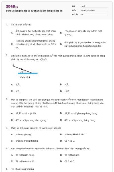 Dạng 7: Dạng bài tập về sự phản xạ ánh sáng có đáp án