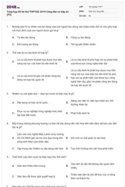 Tổng hợp đề thi thử THPTQG 2019 Công dân có đáp án (P5)