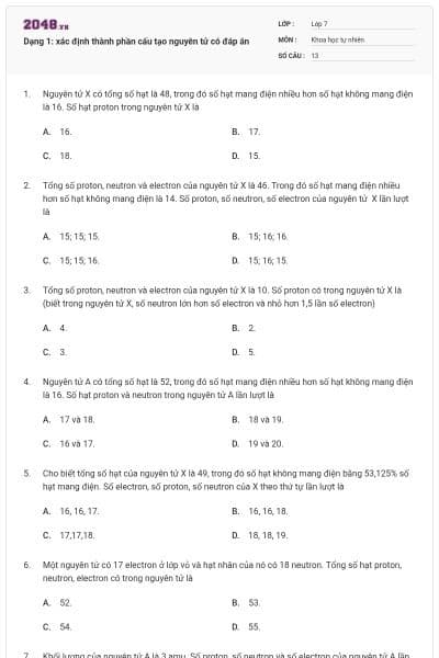 Dạng 1: xác định thành phần cấu tạo nguyên tử có đáp án