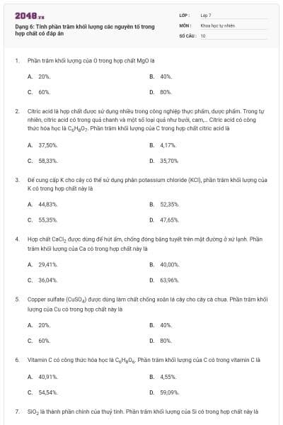 Dạng 6: Tính phần trăm khối lượng các nguyên tố trong hợp chất có đáp án