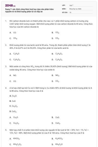 Dạng 7: xác định công thức hoá học dựa vào phần trăm nguyên tố và khối lượng phân tử có đáp án