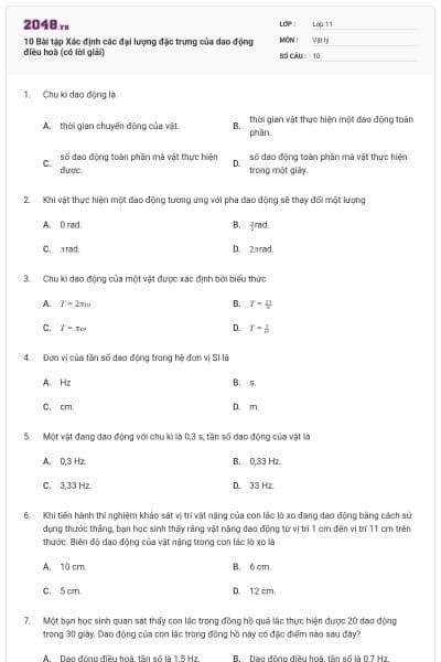 10 Bài tập Xác định các đại lượng đặc trưng của dao động điều hoà (có lời giải)