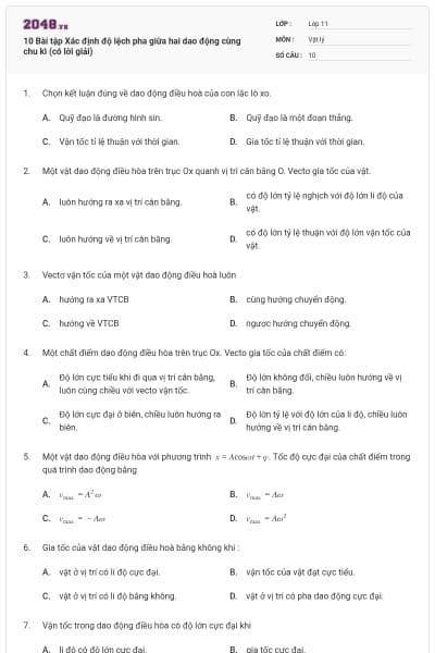 10 Bài tập Xác định độ lệch pha giữa hai dao động cùng chu kì (có lời giải)