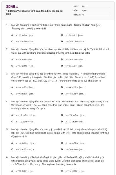 10 Bài tập Viết phương trình dao động điều hoà (có lời giải)