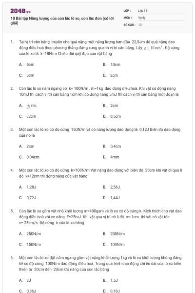 10 Bài tập Năng lượng của con lắc lò xo, con lắc đơn (có lời giải)