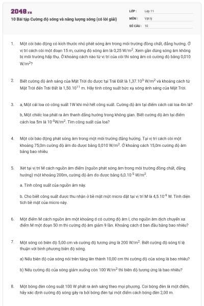 10 Bài tập Cường độ sóng và năng lượng sóng (có lời giải)