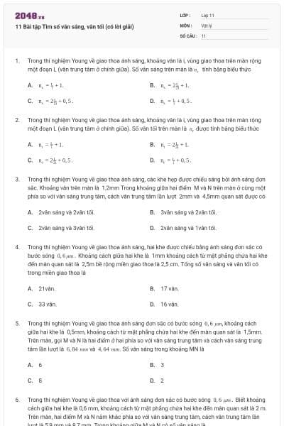 11 Bài tập Tìm số vân sáng, vân tối (có lời giải)