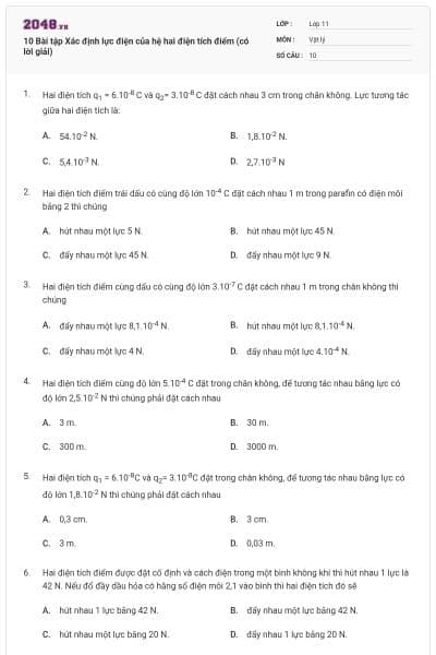 10 Bài tập Xác định lực điện của hệ hai điện tích điểm (có lời giải)
