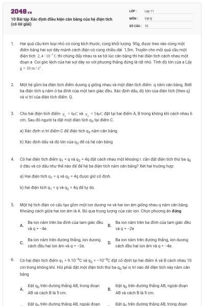 10 Bài tập Xác định điều kiện cân bằng của hệ điện tích (có lời giải)