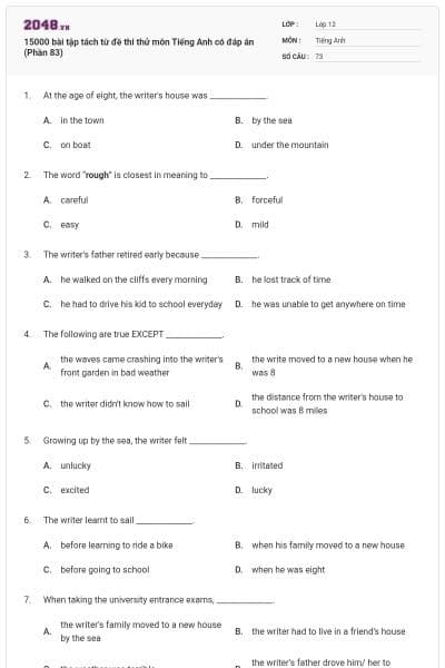 15000 bài tập tách từ đề thi thử môn Tiếng Anh có đáp án (Phần 83)