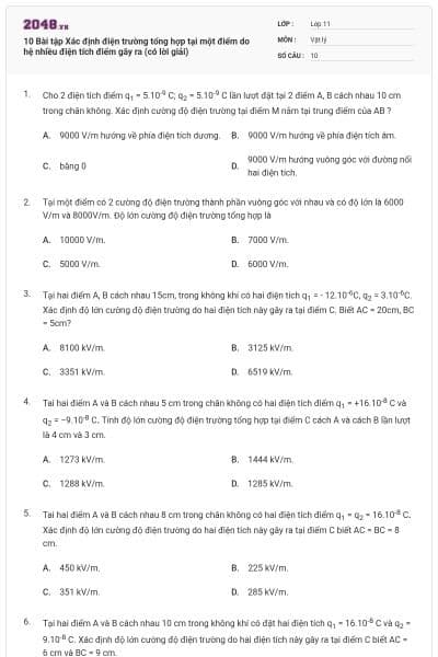 10 Bài tập Xác định điện trường tổng hợp tại một điểm do hệ nhiều điện tích điểm gây ra (có lời giải)