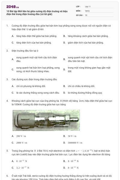 10 Bài tập Mối liên hệ giữa cường độ điện trường và hiệu điện thế trong điện trường đều (có lời giải)