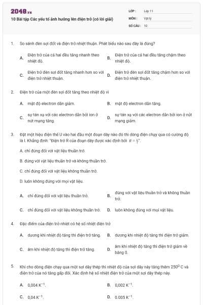 10 Bài tập Các yếu tố ảnh hưởng lên điện trở (có lời giải)