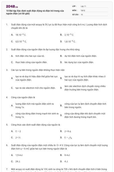 10 Bài tập Xác định suất điện động và điện trở trong của nguồn điện (có lời giải)