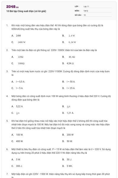 10 Bài tập Công suất điện (có lời giải)