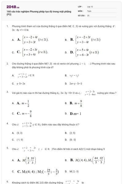160 câu trắc nghiệm Phương pháp tọa độ trong mặt phẳng (P3)