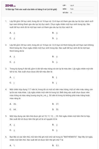 10 Bài tập Tính xác suất của biến cố bằng tỉ số (có lời giải)