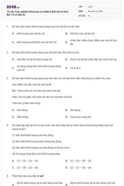 10 câu Trắc nghiệm Khoa học tự nhiên 8 Kết nối tri thức Bài 14 có đáp án