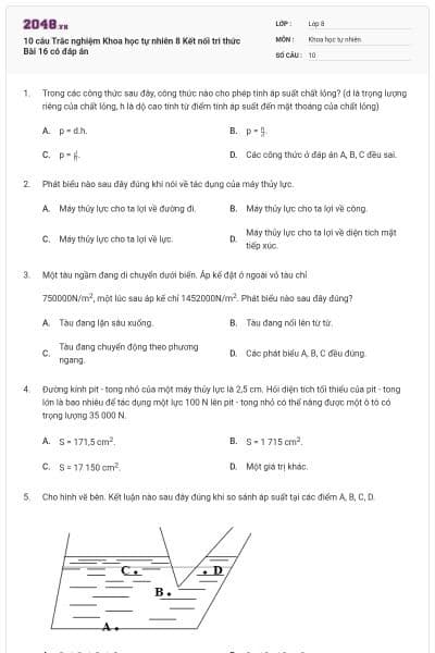 10 câu Trắc nghiệm Khoa học tự nhiên 8 Kết nối tri thức Bài 16 có đáp án