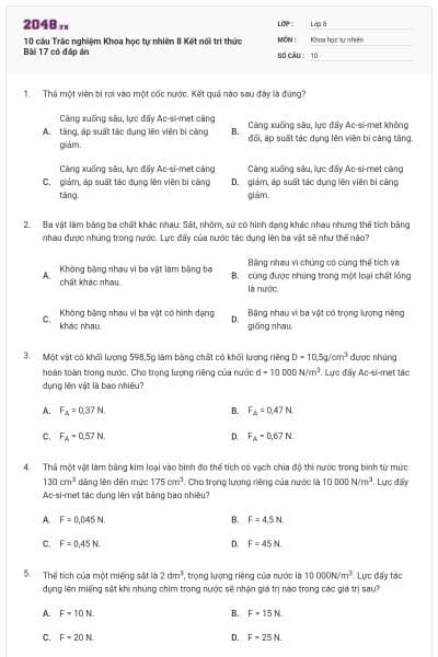 10 câu Trắc nghiệm Khoa học tự nhiên 8 Kết nối tri thức Bài 17 có đáp án