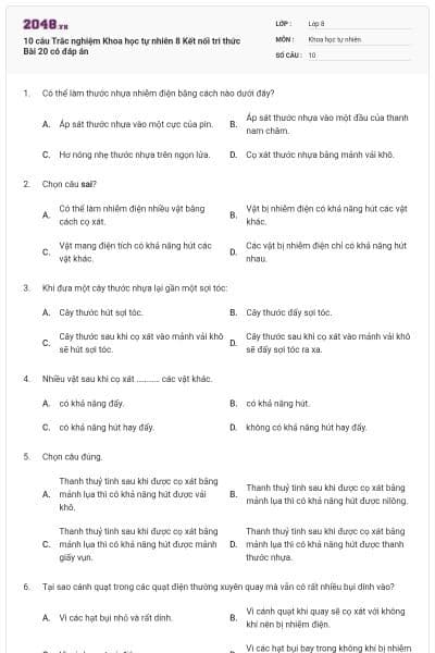 10 câu Trắc nghiệm Khoa học tự nhiên 8 Kết nối tri thức Bài 20 có đáp án