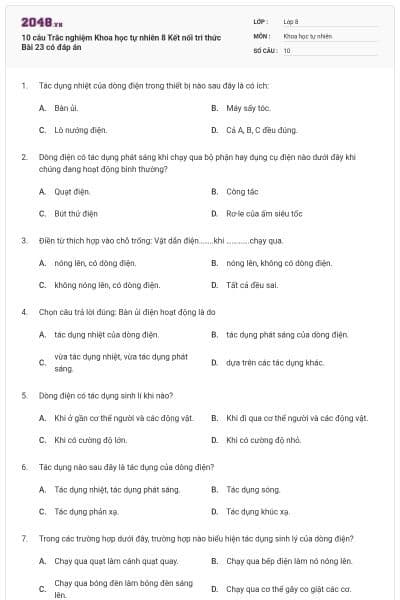 10 câu Trắc nghiệm Khoa học tự nhiên 8 Kết nối tri thức Bài 23 có đáp án