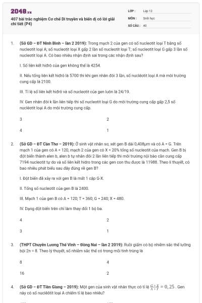 407 bài trắc nghiệm Cơ chế Di truyền và biến dị có lời giải chi tiết (P4)