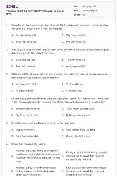 Tổng hợp đề thi thử THPTQG 2019 Công dân có đáp án (P7)