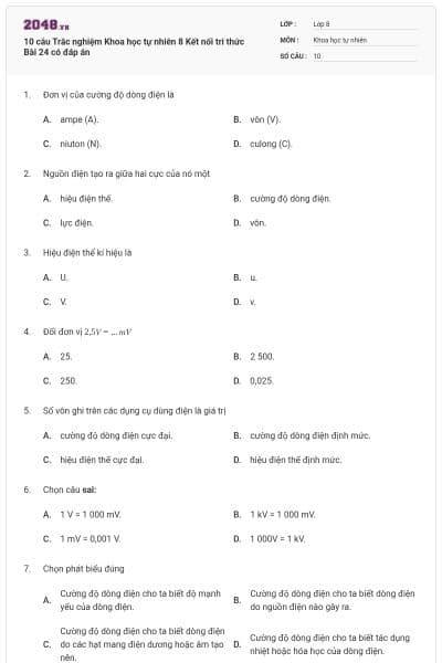 10 câu Trắc nghiệm Khoa học tự nhiên 8 Kết nối tri thức Bài 24 có đáp án