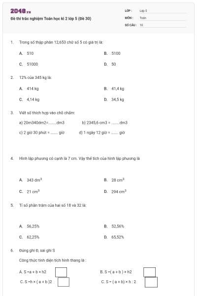 Đề thi trắc nghiệm Toán học kì 2 lớp 5 (Đề 30)