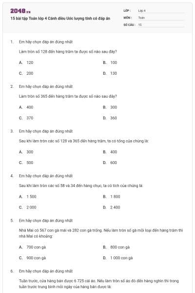 15 bài tập Toán lớp 4 Cánh diều Uớc lượng tính có đáp án