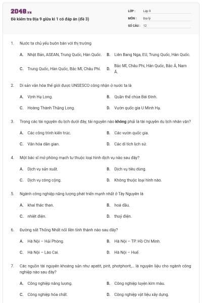 Đề kiểm tra Địa 9 giữa kì 1 có đáp án (đề 3)