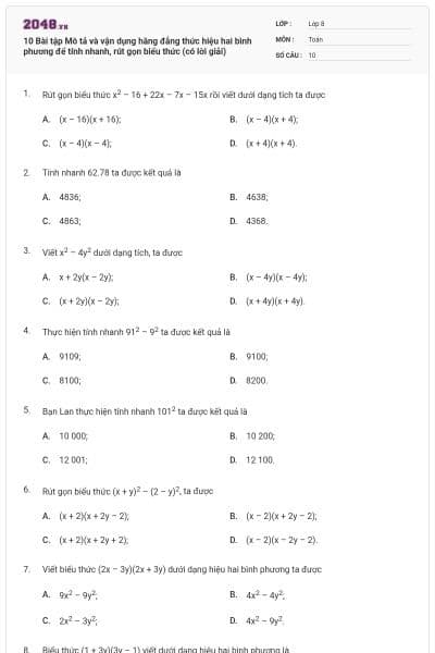 10 Bài tập Mô tả và vận dụng hằng đẳng thức hiệu hai bình phương để tính nhanh, rút gọn biểu thức (có lời giải)