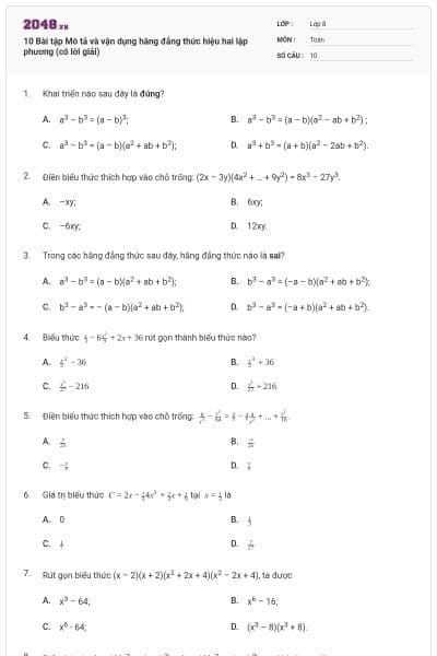 10 Bài tập Mô tả và vận dụng hằng đẳng thức hiệu hai lập phương (có lời giải)