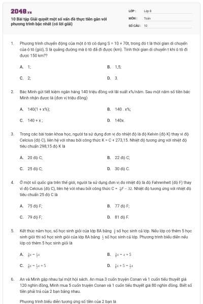 10 Bài tập Giải quyết một số vấn đề thực tiễn gắn với phương trình bậc nhất (có lời giải)