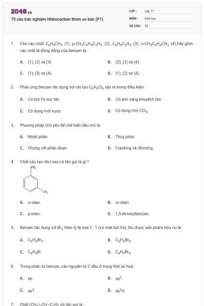 75 câu trắc nghiệm Hidrocacbon thơm cơ bản (P1)