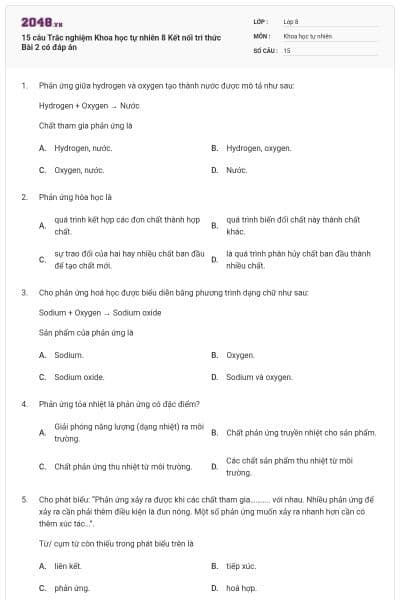 15 câu Trắc nghiệm Khoa học tự nhiên 8 Kết nối tri thức Bài 2 có đáp án