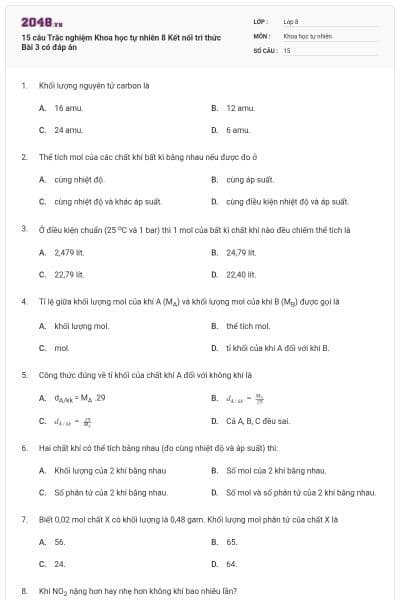 15 câu Trắc nghiệm Khoa học tự nhiên 8 Kết nối tri thức Bài 3 có đáp án