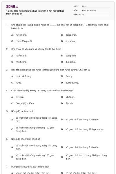15 câu Trắc nghiệm Khoa học tự nhiên 8 Kết nối tri thức Bài 4 có đáp án