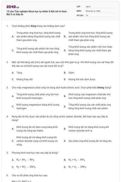 15 câu Trắc nghiệm Khoa học tự nhiên 8 Kết nối tri thức Bài 5 có đáp án
