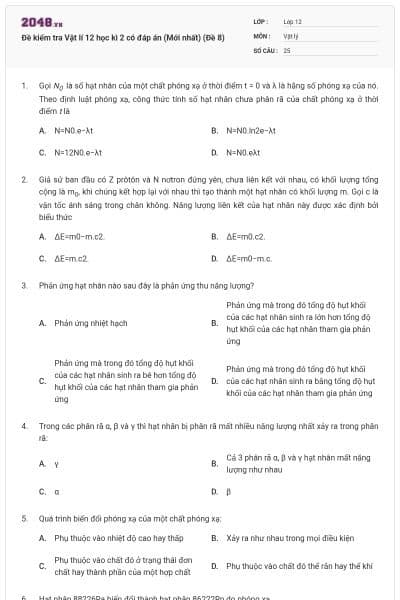 Đề kiểm tra Vật lí 12 học kì 2 có đáp án (Mới nhất) (Đề 8)