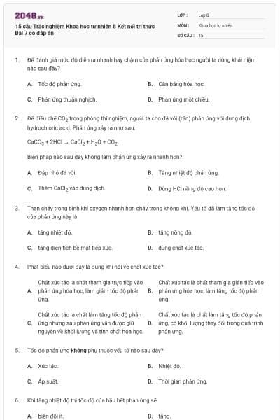 15 câu Trắc nghiệm Khoa học tự nhiên 8 Kết nối tri thức Bài 7 có đáp án