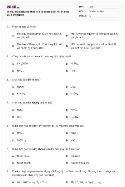 15 câu Trắc nghiệm Khoa học tự nhiên 8 Kết nối tri thức Bài 8 có đáp án