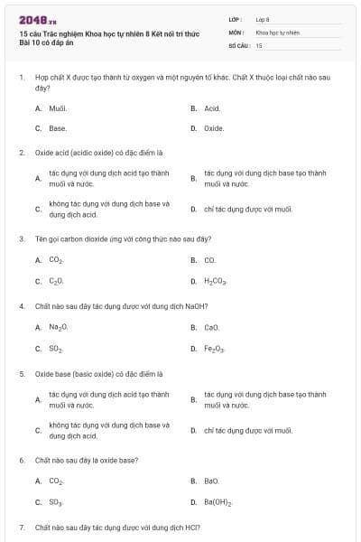 15 câu Trắc nghiệm Khoa học tự nhiên 8 Kết nối tri thức Bài 10 có đáp án