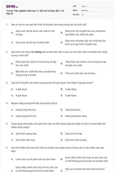 15 câu Trắc nghiệm Sinh học 11 Kết nối tri thức Bài 1 có đáp án