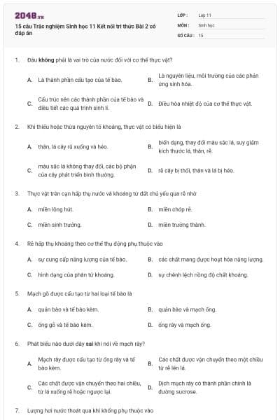 15 câu Trắc nghiệm Sinh học 11 Kết nối tri thức Bài 2 có đáp án